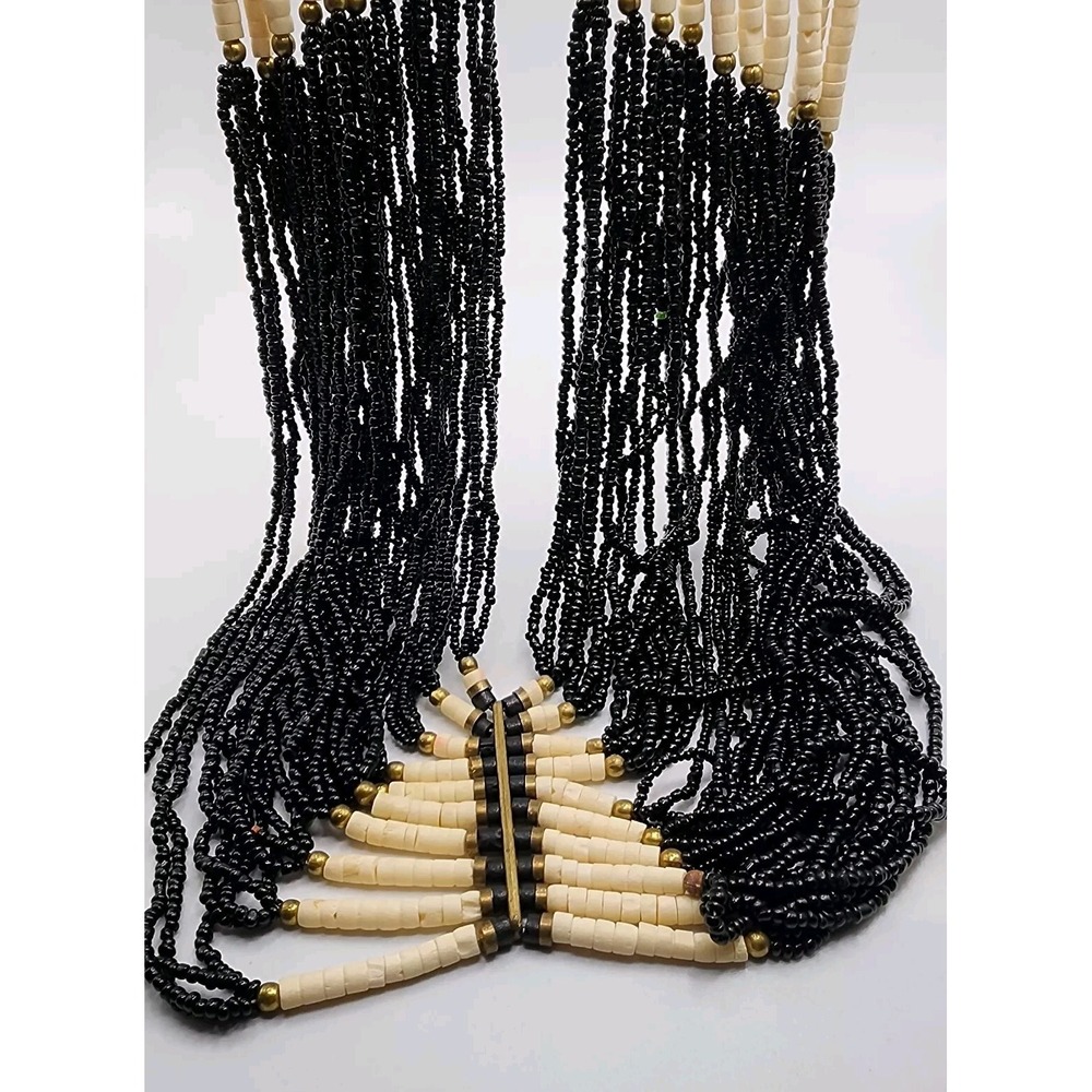Vintage Boho Tribal Ethnic Black Glass Seed Bead Waterfall Layered Bib Necklace - Picture 13 of 16